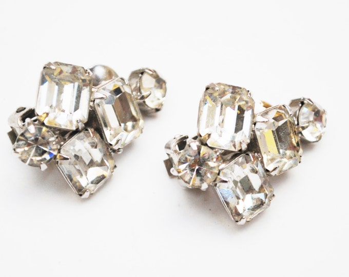 Rhinestone clip on earrings - Clear crystal - Wedding Bride - Prom Bling