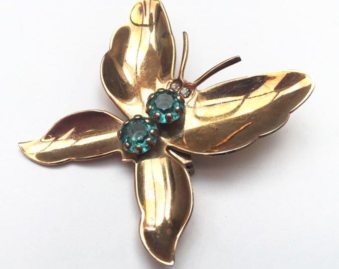 Butterfly Brooch - Blue Rhinestone - Gold plated metal - Insect figurine pin