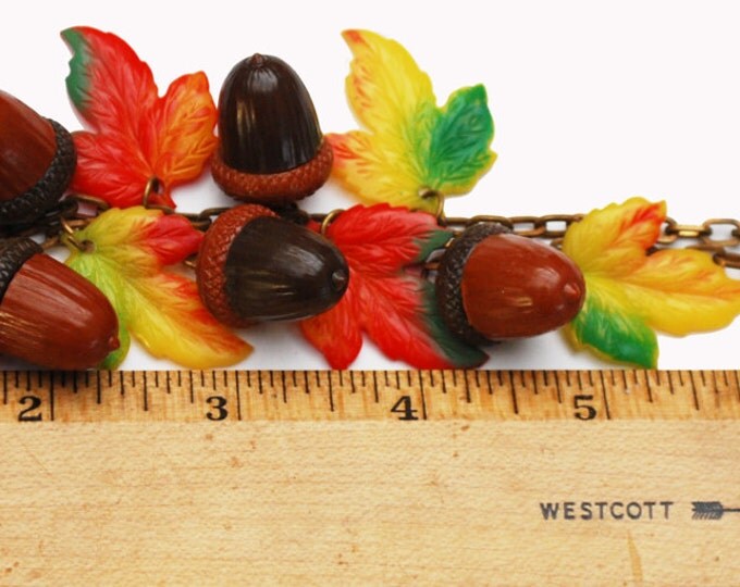 Leaf Acorn Bib Necklace - Early Vintage Plastic - Fall Autumn Leaves - Yellow orange Brown - Brass chain