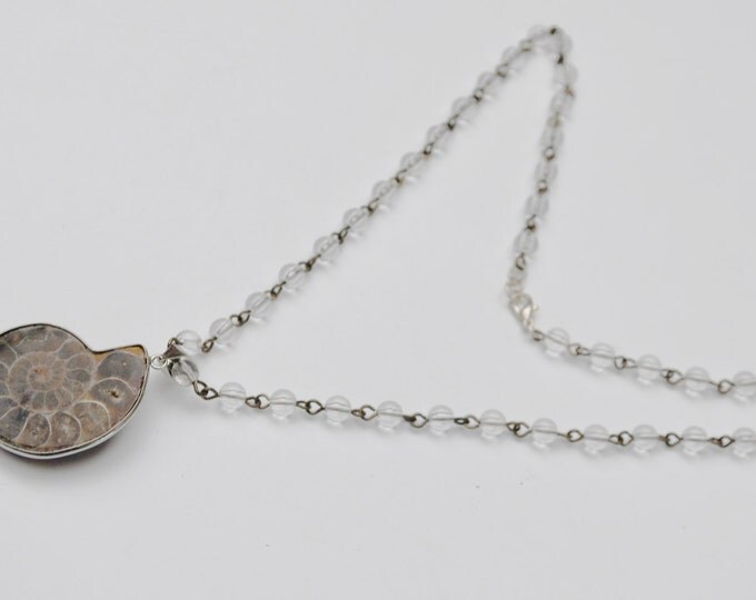 Ammonite pendant Necklace - polished quartz bead - Handmade Necklace