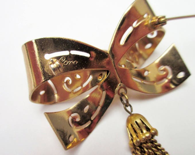 Gold Bow Brooch - Signed Coro - Rhinestone - Golden tassel