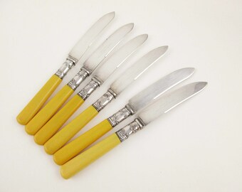 Antique Sterling 'Landers Frary & Clark' - Six Small Knives - Sterling Silver Detailed Collar - Goldtone Celluloid Handles - Fruit Knives