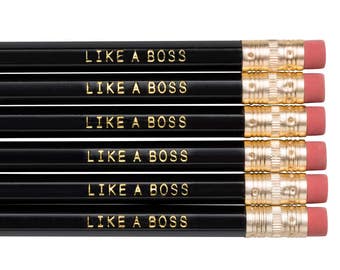 LIKE A BOSS pencil set. Back to school supplies. Gifts for grads. Black and gold pencils. Motivational pencil set. Funny pencils set.