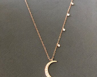 Rose Gold Crescent Moon Necklace, Moon necklace, I love you to the moon, Dainty cz charm dangles on your chain, muse411, gift for her