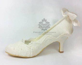 Ivory satin with lace and bow Closed Toe Or Peep toe Mid Heel Low Heel High Heel Kitten Heel Low wedding shoes