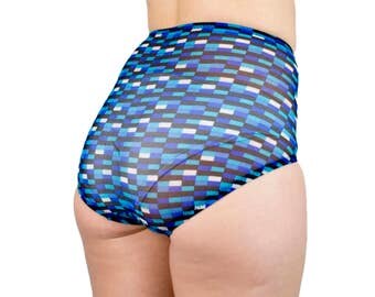 Sheer Underwear Geometric Print High Waist Panty Black and Blue See Through Lingerie