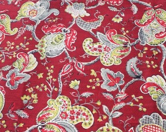 Vintage Maroon Red Yellow Floral Barkcloth Fabric, Flower Bark Cloth Curtain Pillow Fabric, Almost 3 yards