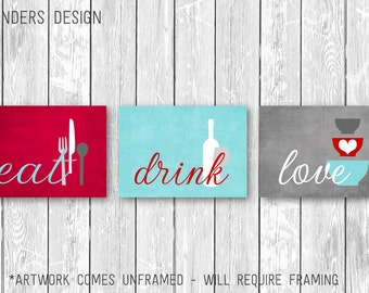 Kitchen Wall Art Print Set - Eat Drink Love - Sky Blue, Red, Gray // Modern Kitchen Decor // Set of (3) Many Sizes - Unframed