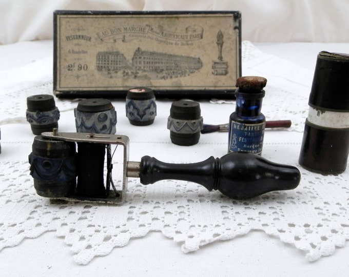 Complete Antique French Boxed Embroidery Ink Stamp Roller Set Au Bon Marché, Festonneur, Vintage Haberdashery, Craft Supplies, Linen, Shabby