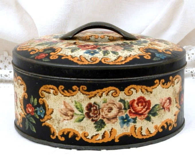 Round Vintage French Metal Cookie Tin with Floral Pattern and Handle on the Lid, Shabby, Romantic, Retro, Decor, Country, Box, 1950, 1960