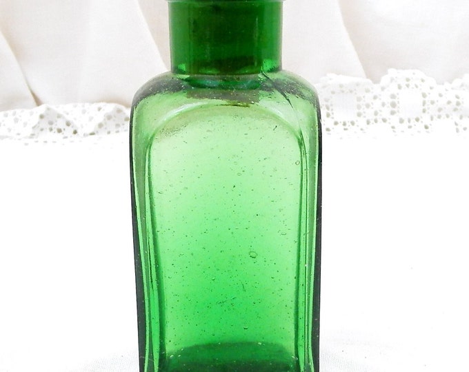 Small Square Antique French Green Apothecary Glass Bottle with a Cork Stopper, Country Decor, Chemist, Pharmacy, Brocante, Vintage Style