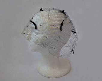 1950s, 1960s Veil, Black Vintage Birdcage Veil With Velvet Bows