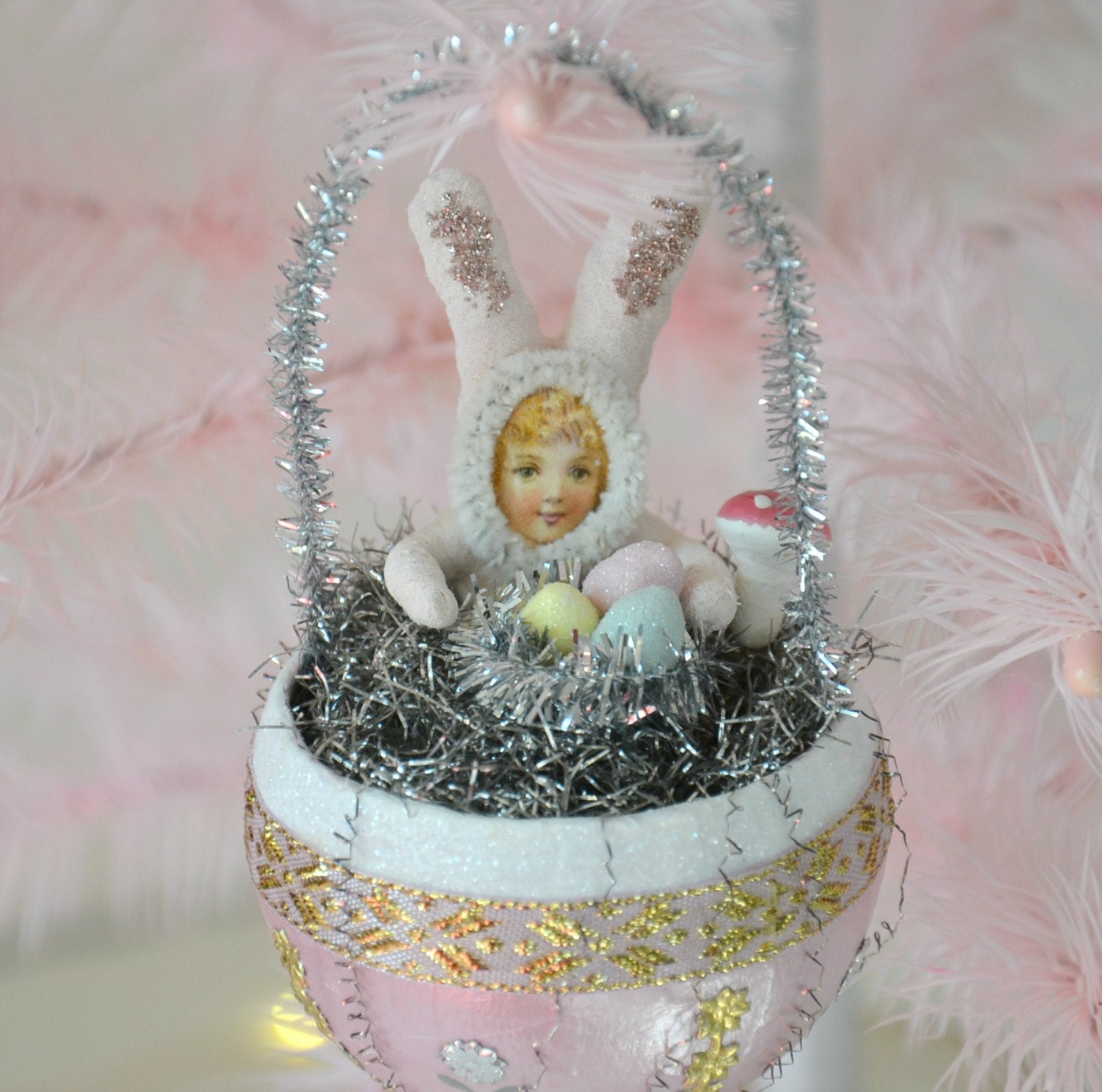 Spun Cotton Bunnies/ Easter Ornaments/ Set Of 3/