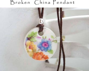 Broken China Necklace Blue Yellow Petite Floral Pendant Recycled China Cracked China Necklace Bridesmaid Jewelry Gifts Under 15 Gift For Her