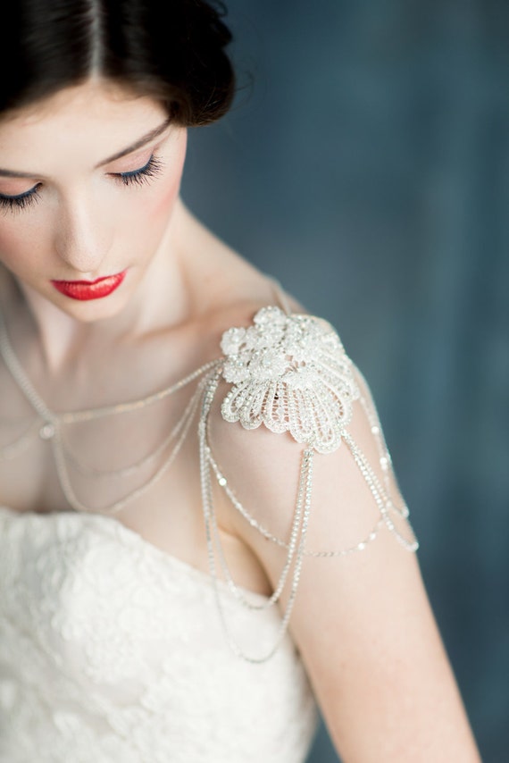 Silver Crystal Lace Shoulder Necklace, Gold Opal Bridal Necklace, Crystal Body Chain, Bridal Body Jewelry, Wedding Shoulder Jewellery FAWN