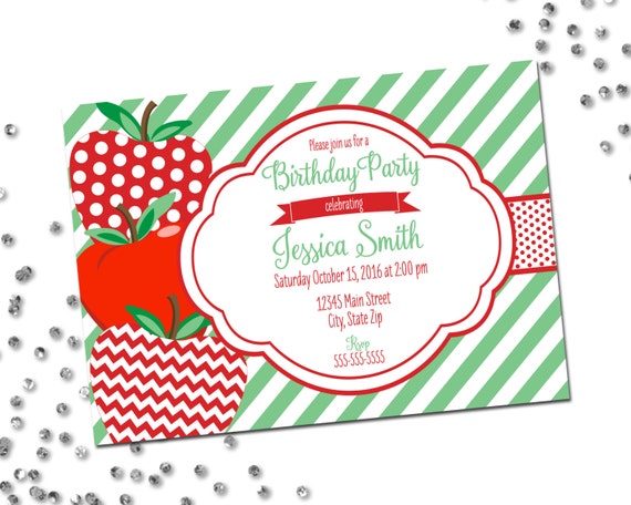 Apple Birthday Party Invitation - Apple Invitation - Red and Green - Stripes - Polka Dots - Printable Il_570xn