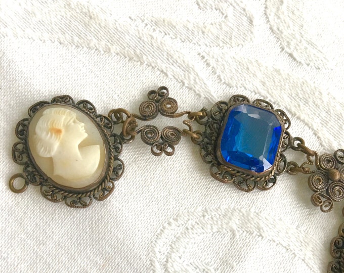 Antique Cameo Bracelet, Filigree Wire Work, Cobalt Glass Stones, Antique Cameo Jewelry