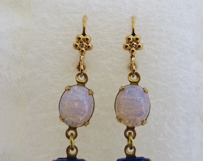 Czech Glass Earrings, Fire Opal & Cobalt Glass Dangle, Drop Earrings, Pierced Ears