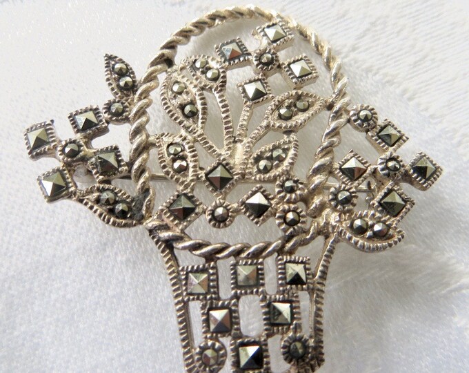 Art Deco Sterling Flower Basket Brooch, Marcasite Stones, Vintage Jewelry