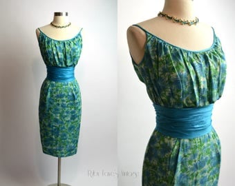 1950's Vintage Turquoise Blue and Green Cotton Curve Hugging Wiggle Dress 24" Waist XSmall