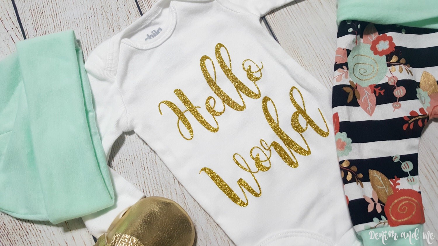 Baby Girl Hello World Onesie Gift Set Black White Stripes