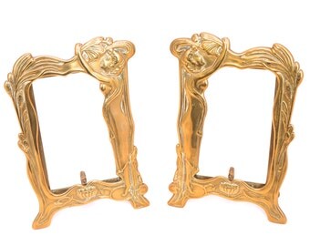 Vintage Pair of Large Brass Photo Frames, Art Nouveau Lady Picture Frame, Gold Frame, Hollywood Regency Free Standing Photo Frame,