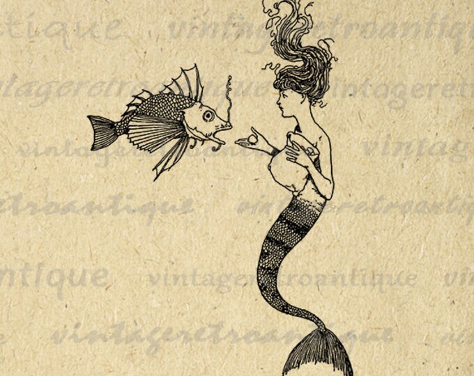 Digital Mermaid Image Graphic Mermaid and Fish Printable Illustration Download Antique Clip Art Jpg Png Eps HQ 300dpi No.3800