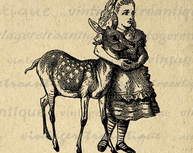 Alice with Fawn Image Printable Digital Alice in Wonderland Graphic Download Vintage Clip Art Jpg Png Eps HQ 300dpi No.1402