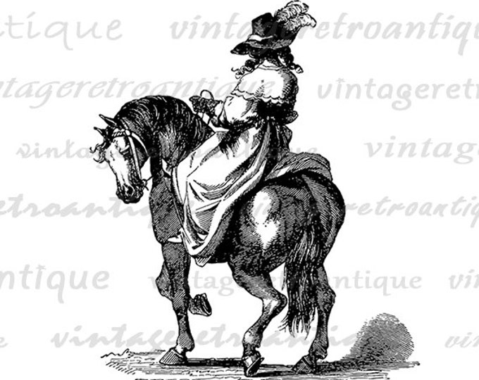 Digital Image Lady Riding Horse Printable Woman Riding Horseback Graphic Download Vintage Clip Art Jpg Png Eps HQ 300dpi No.2335