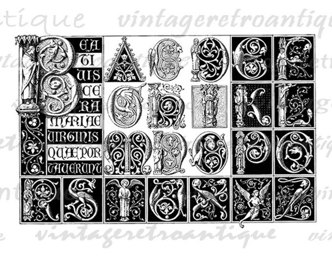 Antique Medieval Alphabet Printable Graphic Download Collage Sheet Image Ornate Letters Digital Vintage Clip Art HQ 300dpi No.186