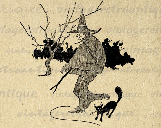 Printable Witch and Black Cat Graphic Image Halloween Digital Download Vintage Clip Art Jpg Png Eps HQ 300dpi No.2456