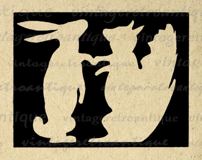 Rabbit and Squirrel Silhouette Cutout Printable Image Graphic Download Digital Vintage Clip Art Jpg Png Eps HQ 300dpi No.3390