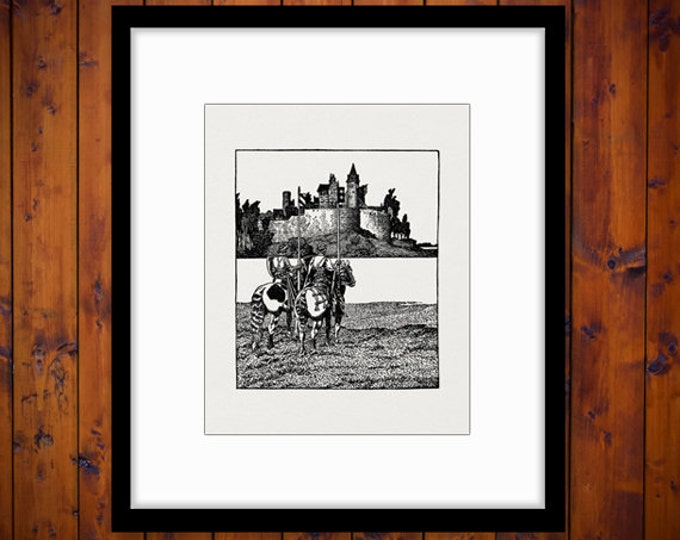 Printable Image Medieval Knights on Horseback with Castle Digital Download Graphic Antique Clip Art Jpg Png Eps HQ 300dpi No.2790