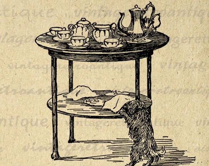 Little Dog on at a Tea Party Graphic Printable Download Image Digital Antique Clip Art Jpg Png Eps HQ 300dpi No.275