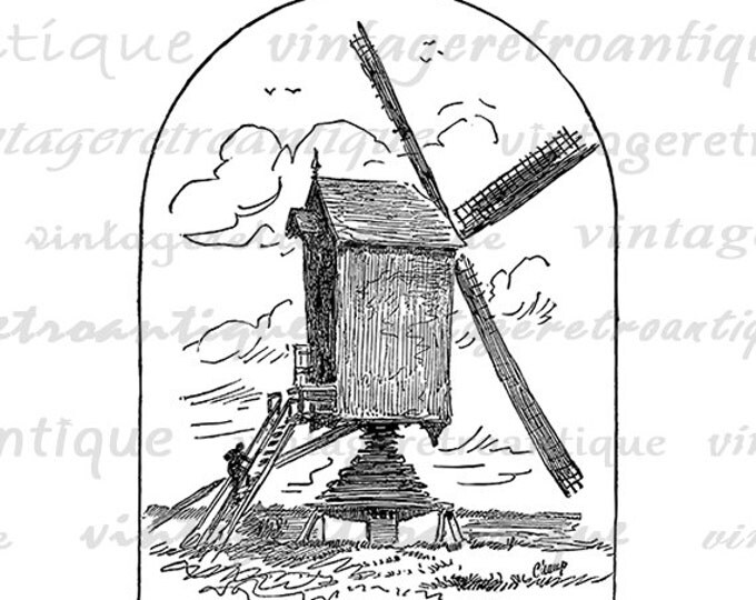 Digital Dutch Windmill Graphic Image Antique Download Printable Vintage Clip Art Jpg Png Eps HQ 300dpi No.114