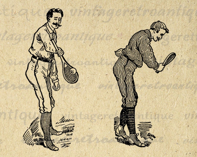 Old Fashioned Tennis Players Image Printable Digital Tennis Graphic Download Vintage Clip Art Jpg Png Eps HQ 300dpi No.4240