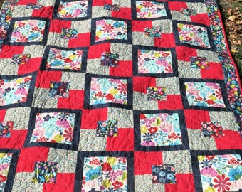 Twin Bed Quilt - Floral Bed Quilt - Handmade Quilt - Square Quilt - Large Lap Quilt - Quiltsy Handmade