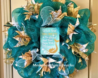 Teal Mermaid Deco Mesh Wreath - Deco Mesh Wreath - Mermaid Wreath - Beach Wreath - Summer Wreath