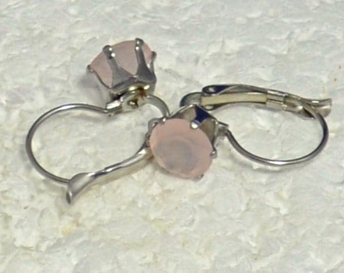 Rose Quartz Leverback Earrings, 8mm Round, Natural, Set in Stainless Steel 6 Prong Leverback Mountings E1050