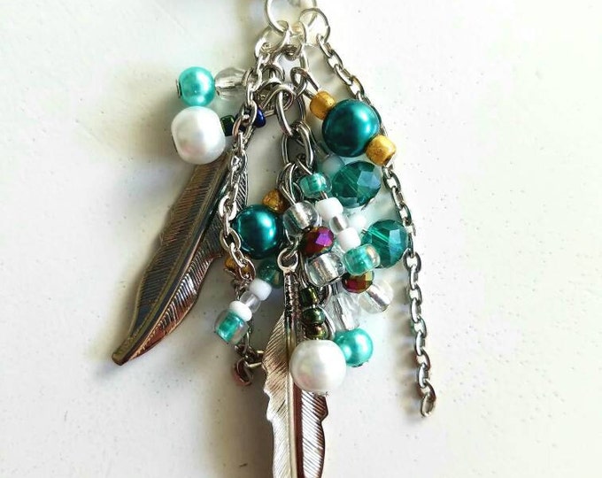 Interchangeable Blue Teal Green White Beaded Feather Toggle Pendant