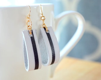 BLACK and WHITE STRIPE Leather Earrings- Black and White Leather Earrings