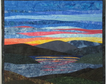 Art Quilt Sunset 50 over water with mountains, Wall Quilt, Wall Hanging, Landscape quilt, Nature