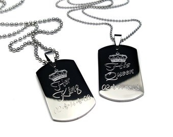 Valentine's Day Gift + Couples Dog Tag + Her King His Queen + His and Hers Dog Tag Set + Couples Jewelry Set + Medium His and Her Set