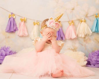 Pink and gold Unicorn headband, couture headband, baby headband, ott bow, over the top bow, unicorn horn, pink and gold headband