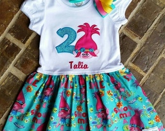 Girls Appliquéd Poppy Troll Dress with Embroidered Name and Birthday Number or Flower