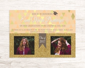 Pretty Gold Glitter Design Graduation Invitation with Photographs