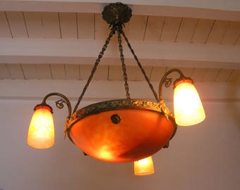 Antique French Pate de Verre Glass and Brass Chandelier,3 arms,4 lights.