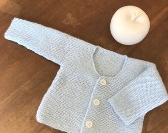 Handmade knitted baby's wrap-around top, sky blue, 3 months old