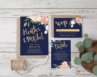 DIY Printable Watercolour Floral Wedding Invitation Main Invitation | Save the Date | RSVP | Details | Calligraphy Script | Navy & Gold