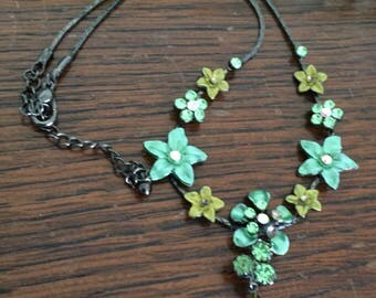 Green Glass Enamel Flower Necklace, 1980s Art Deco Revival Vintage Jewelry SALE